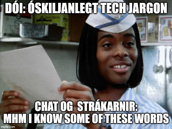 I Know Some Of These Words | DÓI: ÓSKILJANLEGT TECH JARGON; CHAT OG  STRÁKARNIR: MHM I KNOW SOME OF THESE WORDS | image tagged in i know some of these words | made w/ Imgflip meme maker