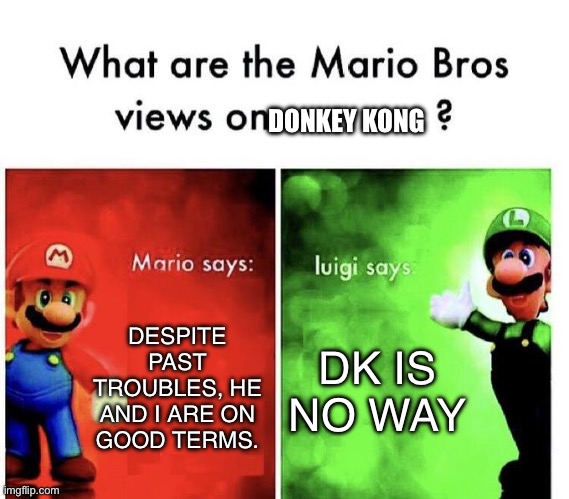 Mario Bros Views | DONKEY KONG; DESPITE PAST TROUBLES, HE AND I ARE ON GOOD TERMS. DK IS NO WAY | image tagged in mario bros views | made w/ Imgflip meme maker