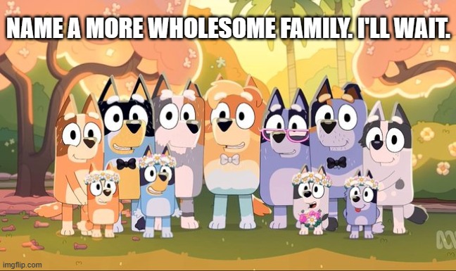 The sign episode was very sad but also amazing! | NAME A MORE WHOLESOME FAMILY. I'LL WAIT. | image tagged in bluey,family,wholesome | made w/ Imgflip meme maker