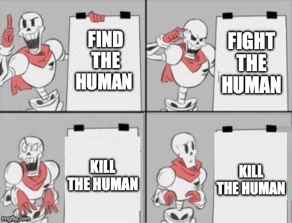 “THE GREAT PAPYRUS" | FIGHT THE HUMAN; FIND THE HUMAN; KILL THE HUMAN; KILL THE HUMAN | image tagged in papyrus plan | made w/ Imgflip meme maker