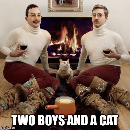 Reverse the ‘One boy, two cats’ | TWO BOYS AND A CAT | image tagged in two men and a cat | made w/ Imgflip meme maker