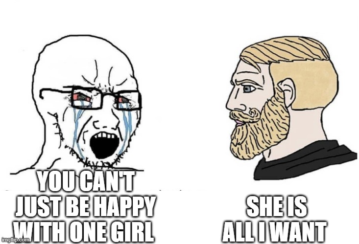 pookie | SHE IS ALL I WANT; YOU CAN'T JUST BE HAPPY WITH ONE GIRL | image tagged in soyboy vs yes chad | made w/ Imgflip meme maker