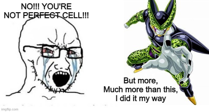 P IS FOR PRICELESS | NO!!! YOU'RE NOT PERFECT CELL!!! But more,
Much more than this,
I did it my way | image tagged in soyjak vs chad,dragon ball z,dbz,cell,perfect cell,funny | made w/ Imgflip meme maker