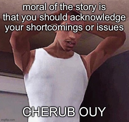 stressed cj temp | moral of the story is that you should acknowledge your shortcomings or issues; CHERUB OUY | image tagged in stressed cj temp | made w/ Imgflip meme maker