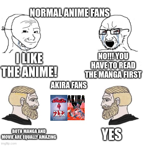 akira fans vs normal anime fans | NORMAL ANIME FANS; I LIKE THE ANIME! NO!!! YOU HAVE TO READ THE MANGA FIRST; AKIRA FANS; YES; BOTH MANGA AND MOVIE ARE EQUALLY AMAZING | image tagged in anime,chad we know,manga | made w/ Imgflip meme maker