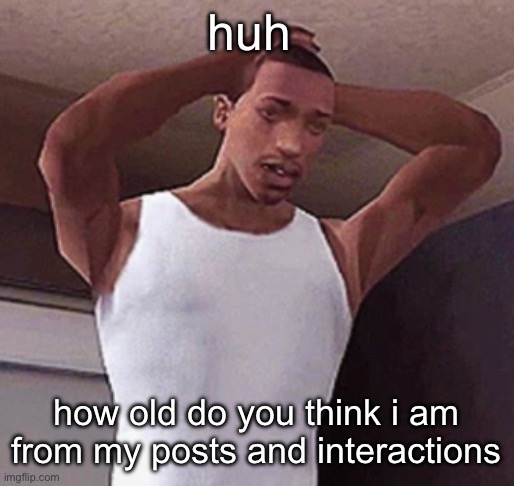 kinda interesting to me ngl | huh; how old do you think i am from my posts and interactions | image tagged in stressed cj temp | made w/ Imgflip meme maker