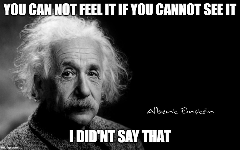 Einsteain quote | YOU CAN NOT FEEL IT IF YOU CANNOT SEE IT; I DID'NT SAY THAT | image tagged in albert einstein | made w/ Imgflip meme maker