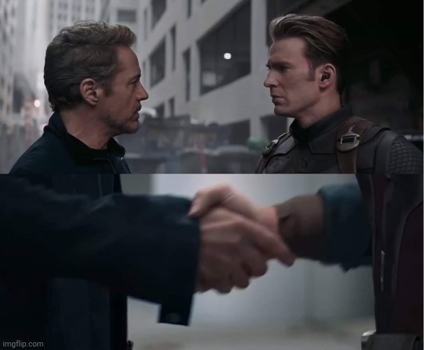 Steve and Tony Handshake | image tagged in steve and tony handshake | made w/ Imgflip meme maker