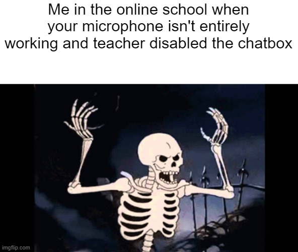 Why do they need to do this? What if the teacher ask me a question and the students doesnʻt know my microphone is muted? | Me in the online school when your microphone isn't entirely working and teacher disabled the chatbox | image tagged in spooky skeleton,memes | made w/ Imgflip meme maker