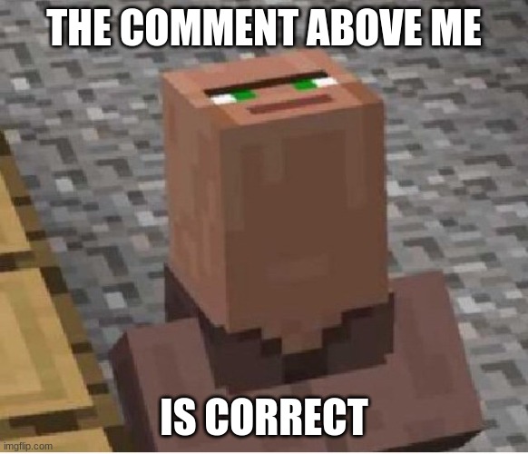 Minecraft Villager Looking Up | THE COMMENT ABOVE ME IS CORRECT | image tagged in minecraft villager looking up | made w/ Imgflip meme maker