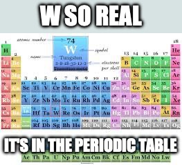 W | W SO REAL; IT'S IN THE PERIODIC TABLE | image tagged in memes,funny,tungsten,w,rizzler | made w/ Imgflip meme maker