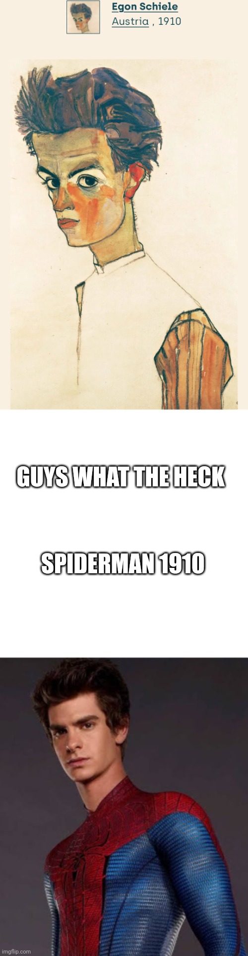Andrew garfield buts it's 1910 | GUYS WHAT THE HECK; SPIDERMAN 1910 | image tagged in painting | made w/ Imgflip meme maker