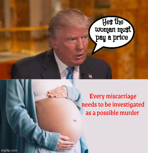 I did that! | Yes the woman must pay a price; Every miscarriage needs to be investigated as a possible murder | image tagged in trump guilty of making choice a crime alone,roe,anti-constittuional,abordtion,fascists,non seperastion of state and church | made w/ Imgflip meme maker