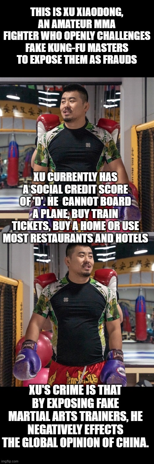 In a social credit system exposing lies can get you demoted | THIS IS XU XIAODONG, AN AMATEUR MMA FIGHTER WHO OPENLY CHALLENGES FAKE KUNG-FU MASTERS TO EXPOSE THEM AS FRAUDS; XU CURRENTLY HAS A SOCIAL CREDIT SCORE OF 'D'. HE  CANNOT BOARD A PLANE, BUY TRAIN TICKETS, BUY A HOME OR USE MOST RESTAURANTS AND HOTELS; XU'S CRIME IS THAT BY EXPOSING FAKE MARTIAL ARTS TRAINERS, HE NEGATIVELY EFFECTS THE GLOBAL OPINION OF CHINA. | image tagged in liberals | made w/ Imgflip meme maker