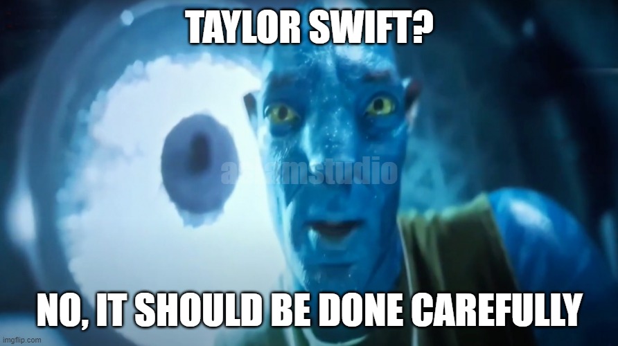 Tailor swift | TAYLOR SWIFT? aslamstudio; NO, IT SHOULD BE DONE CAREFULLY | image tagged in staring avatar guy,clothes,taylor swift,pun | made w/ Imgflip meme maker