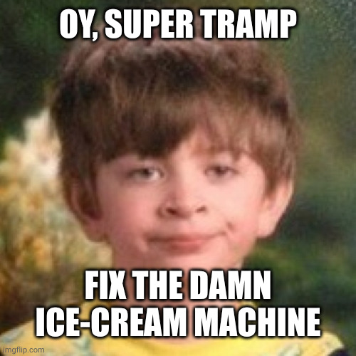 Annoyed face | OY, SUPER TRAMP FIX THE DAMN ICE-CREAM MACHINE | image tagged in annoyed face | made w/ Imgflip meme maker