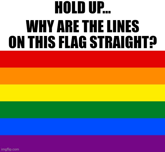joke, not homophobic | HOLD UP... WHY ARE THE LINES ON THIS FLAG STRAIGHT? | image tagged in pride flag | made w/ Imgflip meme maker