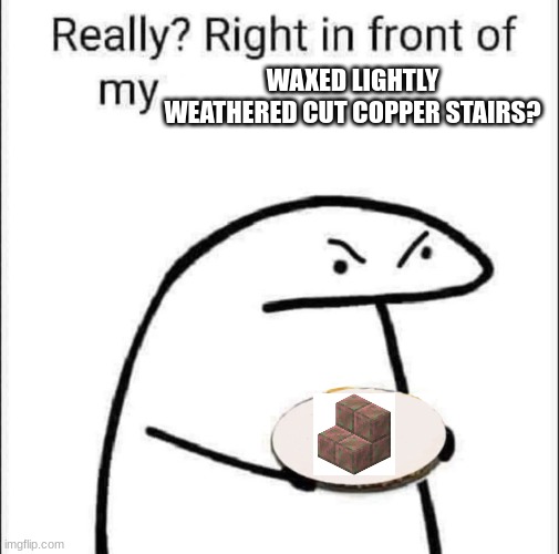 idk | WAXED LIGHTLY WEATHERED CUT COPPER STAIRS? | image tagged in really right in front of my pancit | made w/ Imgflip meme maker