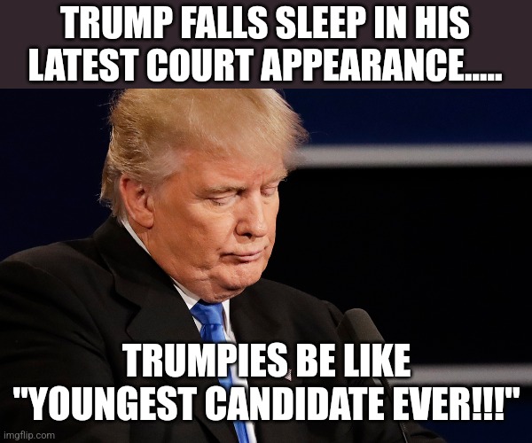 Sleepy Donny | TRUMP FALLS SLEEP IN HIS LATEST COURT APPEARANCE..... TRUMPIES BE LIKE "YOUNGEST CANDIDATE EVER!!!" | image tagged in conservative,republican,democrat,trump,maga,biden | made w/ Imgflip meme maker