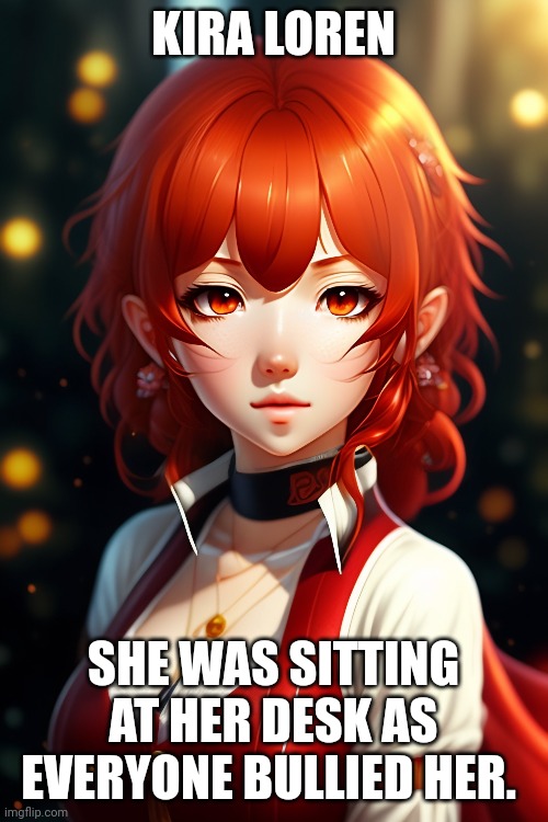 What would you do? | KIRA LOREN; SHE WAS SITTING AT HER DESK AS EVERYONE BULLIED HER. | image tagged in anime,ocs,roleplaying | made w/ Imgflip meme maker