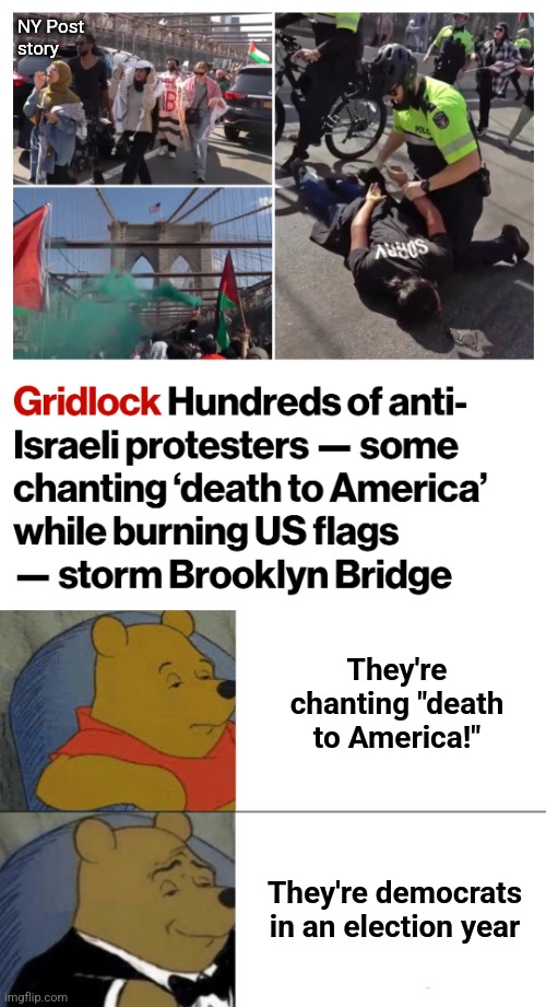NY Post
story; They're chanting "death to America!"; They're democrats in an election year | image tagged in memes,tuxedo winnie the pooh,death to america,democrats,election 2024,joe biden | made w/ Imgflip meme maker