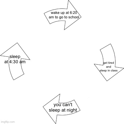 Vicious cycle | wake up at 6:20 am to go to school; sleep at 4:30 am; get tired and sleep in class; you can't sleep at night | image tagged in vicious cycle | made w/ Imgflip meme maker