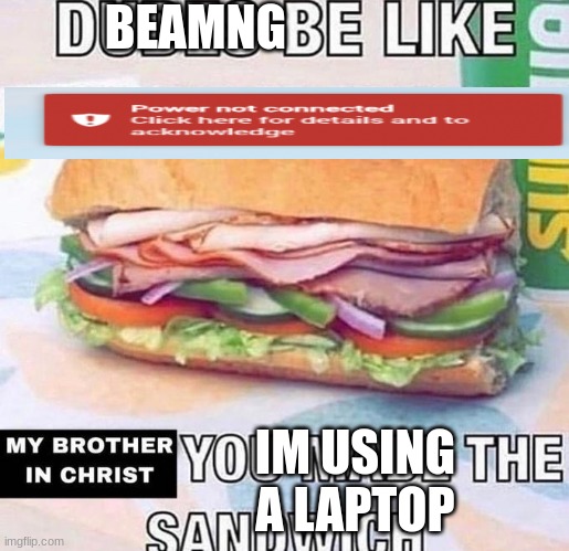 Brother in Christ Subway | BEAMNG; IM USING A LAPTOP | image tagged in brother in christ subway | made w/ Imgflip meme maker