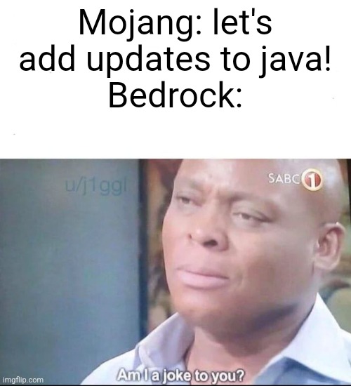 am I a joke to you | Mojang: let's add updates to java!
Bedrock: | image tagged in am i a joke to you | made w/ Imgflip meme maker