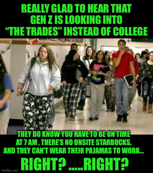 yep | REALLY GLAD TO HEAR THAT GEN Z IS LOOKING INTO “THE TRADES” INSTEAD OF COLLEGE; THEY DO KNOW YOU HAVE TO BE ON TIME AT 7 AM , THERE’S NO ONSITE STARBUCKS, AND THEY CAN’T WEAR THEIR PAJAMAS TO WORK…; RIGHT? …..RIGHT? | image tagged in democrats,gen z | made w/ Imgflip meme maker