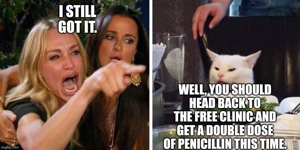 Smudge that darn cat with Karen | I STILL GOT IT. WELL, YOU SHOULD HEAD BACK TO THE FREE CLINIC AND GET A DOUBLE DOSE OF PENICILLIN THIS TIME. | image tagged in smudge that darn cat with karen | made w/ Imgflip meme maker