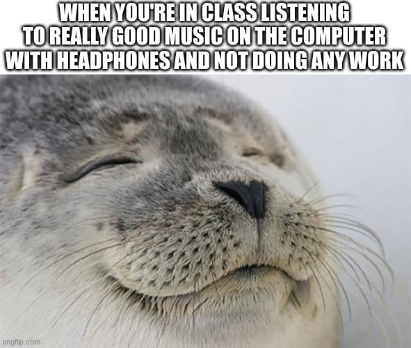 this is happening to me as I make this meme | WHEN YOU'RE IN CLASS LISTENING TO REALLY GOOD MUSIC ON THE COMPUTER WITH HEADPHONES AND NOT DOING ANY WORK | image tagged in blank white template,memes,satisfied seal | made w/ Imgflip meme maker