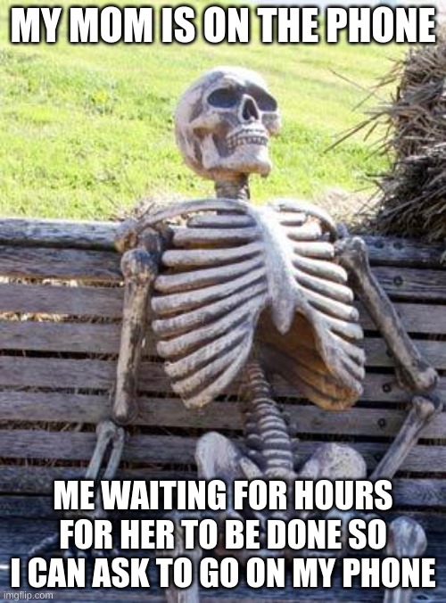 Death before answer | MY MOM IS ON THE PHONE; ME WAITING FOR HOURS FOR HER TO BE DONE SO I CAN ASK TO GO ON MY PHONE | image tagged in memes,waiting skeleton | made w/ Imgflip meme maker