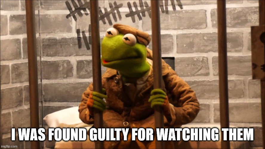 I WAS FOUND GUILTY FOR WATCHING THEM | image tagged in kermit in jail | made w/ Imgflip meme maker