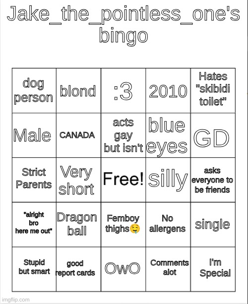 Repost but do your own | Jake_the_pointless_one's bingo; :3; blond; Hates "skibidi toilet"; dog person; 2010; acts gay but isn't; Male; GD; blue eyes; CANADA; silly; Strict Parents; asks everyone to be friends; Very short; "alright bro here me out"; Dragon ball; single; No allergens; Femboy thighs🤤; good report cards; I'm Special; Stupid but smart; OwO; Comments alot | image tagged in blank bingo | made w/ Imgflip meme maker