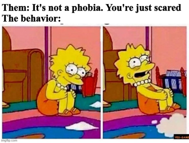 Phobia Meme | Them: It's not a phobia. You're just scared
The behavior: | image tagged in crazy lisa simpson rocking back and forth,phobia,fear,memes,cope,mental illness | made w/ Imgflip meme maker