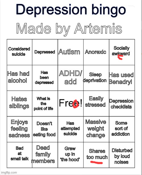 Depression bingo | image tagged in depression bingo | made w/ Imgflip meme maker