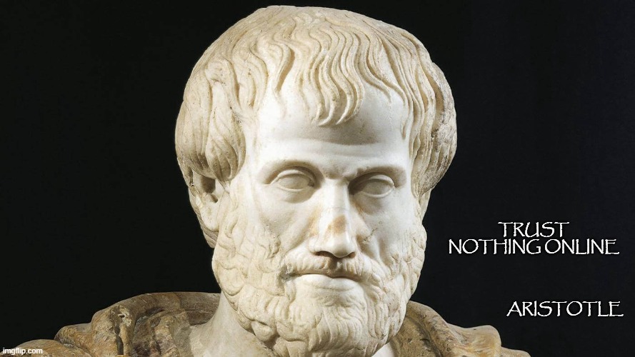 Aristotle | TRUST NOTHING ONLINE; ARISTOTLE | image tagged in misquote | made w/ Imgflip meme maker