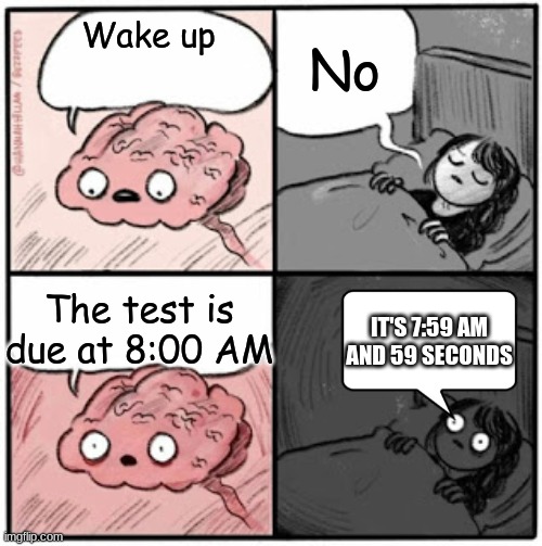 classic | No; Wake up; The test is due at 8:00 AM; IT'S 7:59 AM AND 59 SECONDS | image tagged in brain before sleep | made w/ Imgflip meme maker