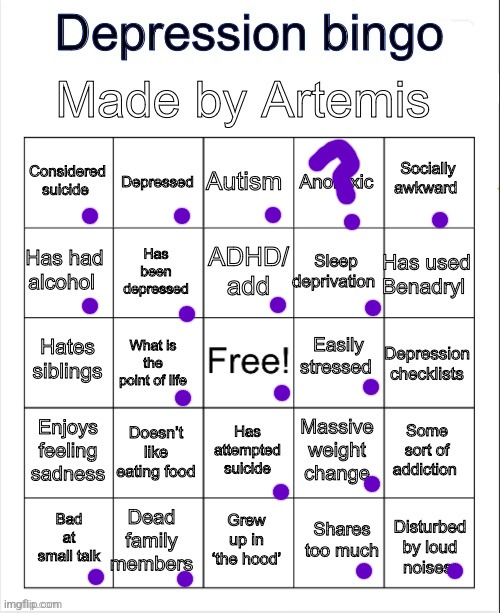 I was somehow diagnosed with clinical depression when I was four | image tagged in depression bingo | made w/ Imgflip meme maker