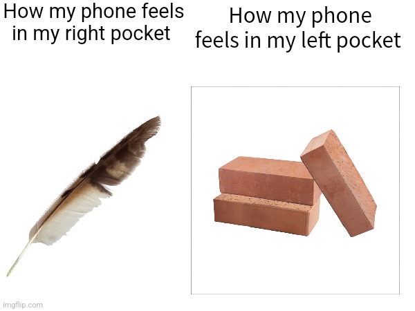 Phone in pockets be like | How my phone feels in my right pocket; How my phone feels in my left pocket | image tagged in funny,relatable,relatable memes,phone | made w/ Imgflip meme maker