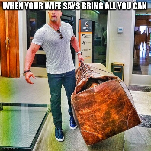 The Rock Carrying Giant Bag | WHEN YOUR WIFE SAYS BRING ALL YOU CAN | image tagged in the rock carrying giant bag | made w/ Imgflip meme maker