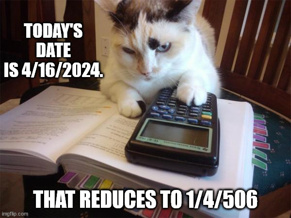 Math cat | TODAY'S DATE IS 4/16/2024. THAT REDUCES TO 1/4/506 | image tagged in math cat | made w/ Imgflip meme maker