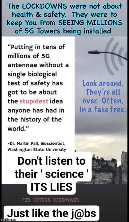 The sooner you find out what it’s doing to You & Your Family, the better. Then you can act on it. | The LOCKDOWNS were not about
health & safety.  They were to
keep You from SEEING MILLIONS
of 5G Towers being installed; Look around.
They’re all
over.  Often,
in a fake tree. FJB VOTERS KISSMYASS | image tagged in memes,killer air waves,installed to harm you,not for your convenience,they r everywhere,until u say no more | made w/ Imgflip meme maker