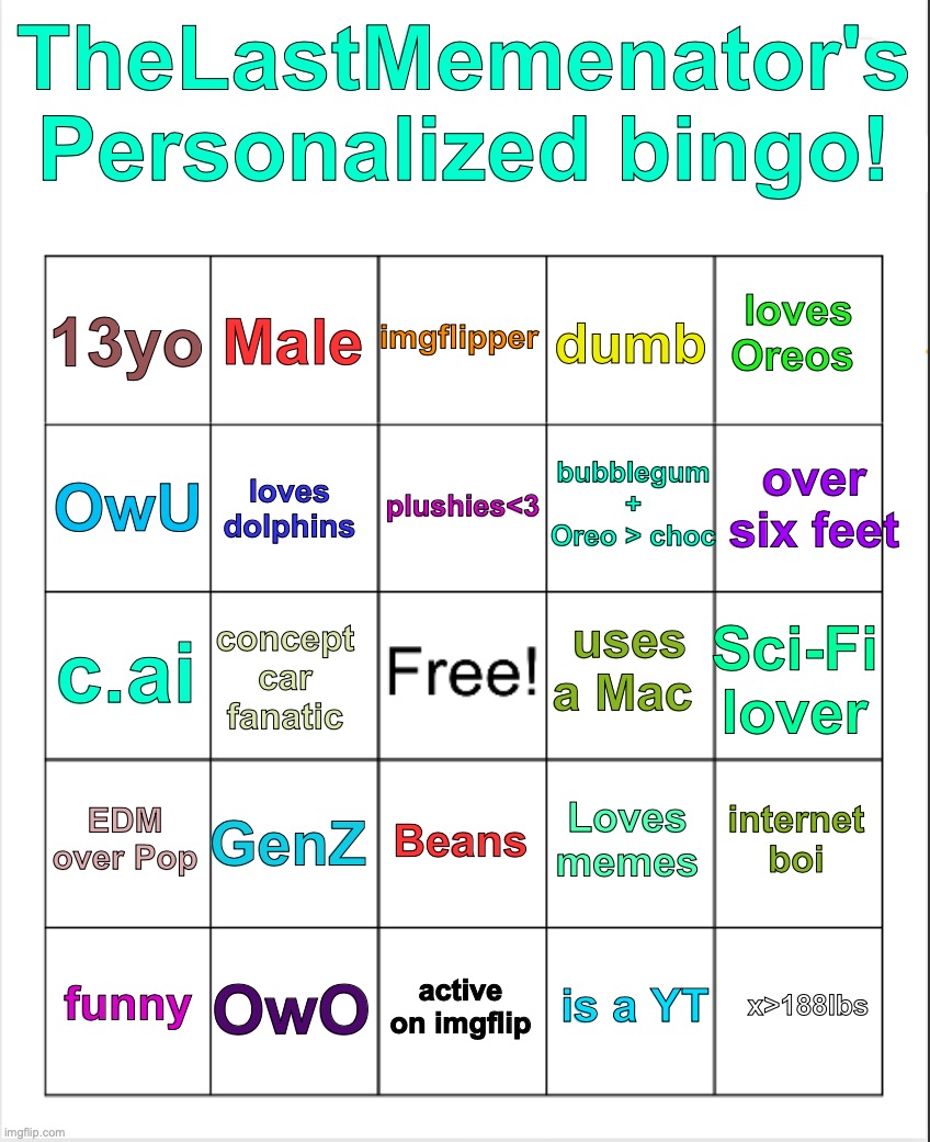 go ahead ! | TheLastMemenator's Personalized bingo! imgflipper; Male; loves Oreos; 13yo; dumb; over six feet; plushies<3; OwU; bubblegum + Oreo > choc; loves dolphins; uses a Mac; c.ai; Sci-Fi lover; concept car fanatic; EDM over Pop; GenZ; internet boi; Loves memes; Beans; OwO; x>188lbs; funny; active on imgflip; is a YT | image tagged in blank bingo,new bingo,thelastmemenator,templates,memes,funny | made w/ Imgflip meme maker
