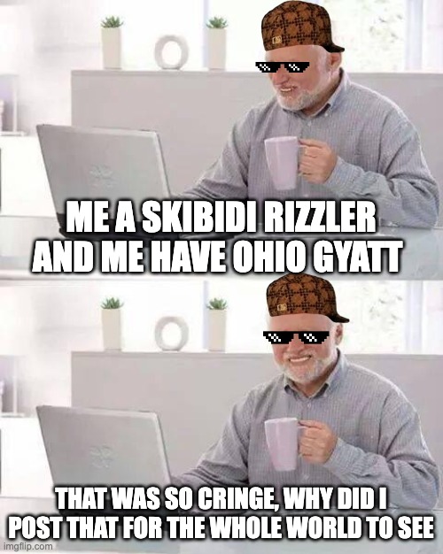 Cringe | ME A SKIBIDI RIZZLER AND ME HAVE OHIO GYATT; THAT WAS SO CRINGE, WHY DID I POST THAT FOR THE WHOLE WORLD TO SEE | image tagged in memes | made w/ Imgflip meme maker