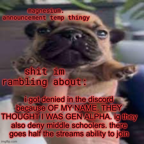 weird ahh discord | i got denied in the discord because OF MY NAME. THEY THOUGHT I WAS GEN ALPHA. ig they also deny middle schoolers. there goes half the streams ability to join | image tagged in pug temp | made w/ Imgflip meme maker