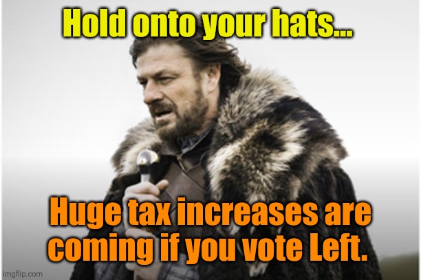sean bean | Hold onto your hats... Huge tax increases are coming if you vote Left. | image tagged in sean bean | made w/ Imgflip meme maker