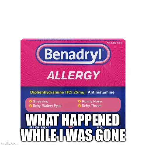 Benadryl | WHAT HAPPENED WHILE I WAS GONE | image tagged in benadryl | made w/ Imgflip meme maker