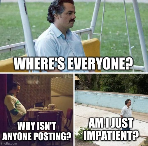 Sad Pablo Escobar | WHERE'S EVERYONE? WHY ISN'T ANYONE POSTING? AM I JUST IMPATIENT? | image tagged in memes,sad pablo escobar | made w/ Imgflip meme maker