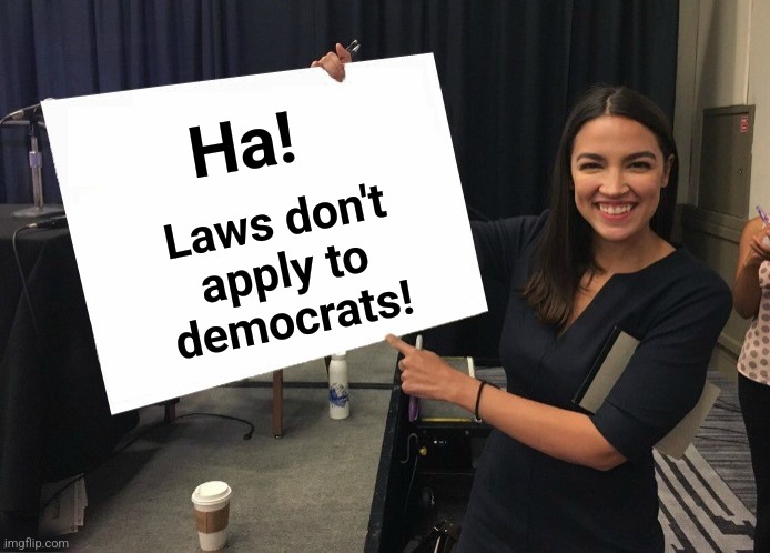 Ocasio-Cortez cardboard | Ha! Laws don't
apply to
democrats! | image tagged in ocasio-cortez cardboard | made w/ Imgflip meme maker